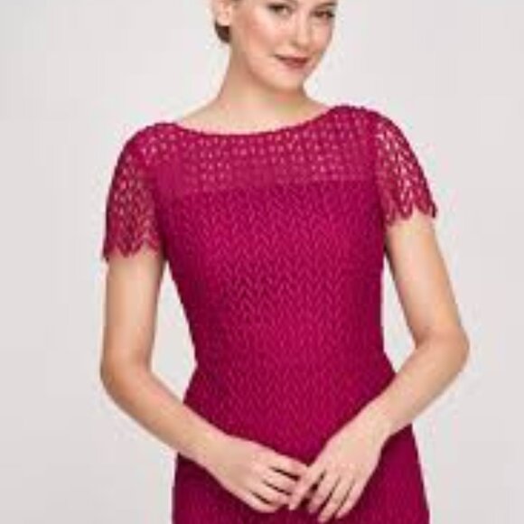 Kay Unger Tatum red sangria lace sheath cocktail midi dress size 14 - Picture 2 of 6